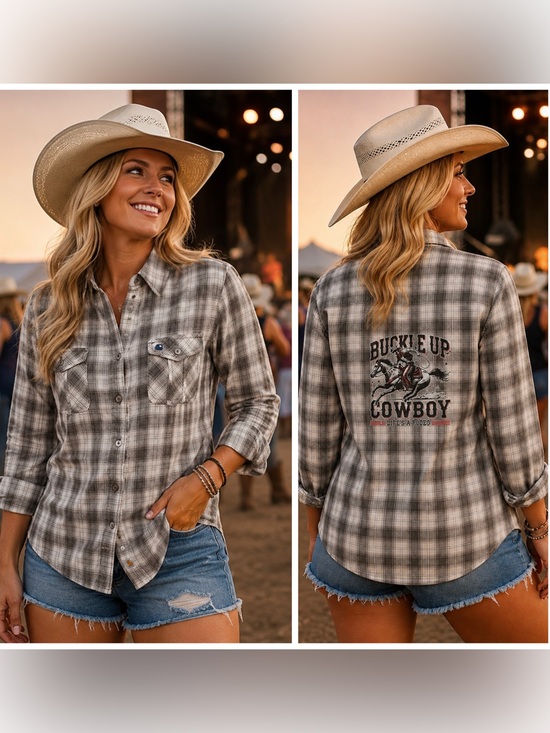 Carhartt Tops - Carhartt Western Gray Plaid Women's Button-Up Shirt with Rodeo Graphic Back Sz M